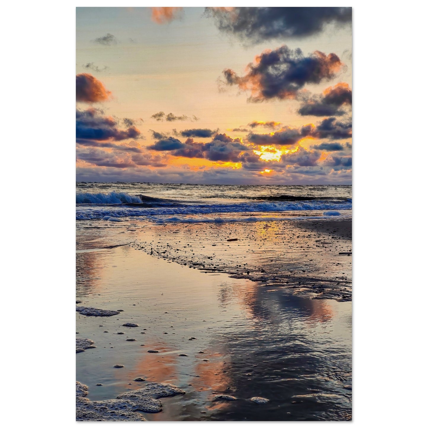 Holzdruck - Sonnenuntergang, Spiegelung am Strand