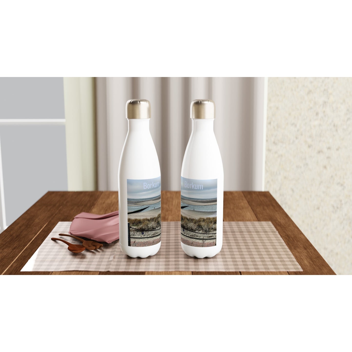 Weiße Edelstahlflasche mit Borkum Motiv